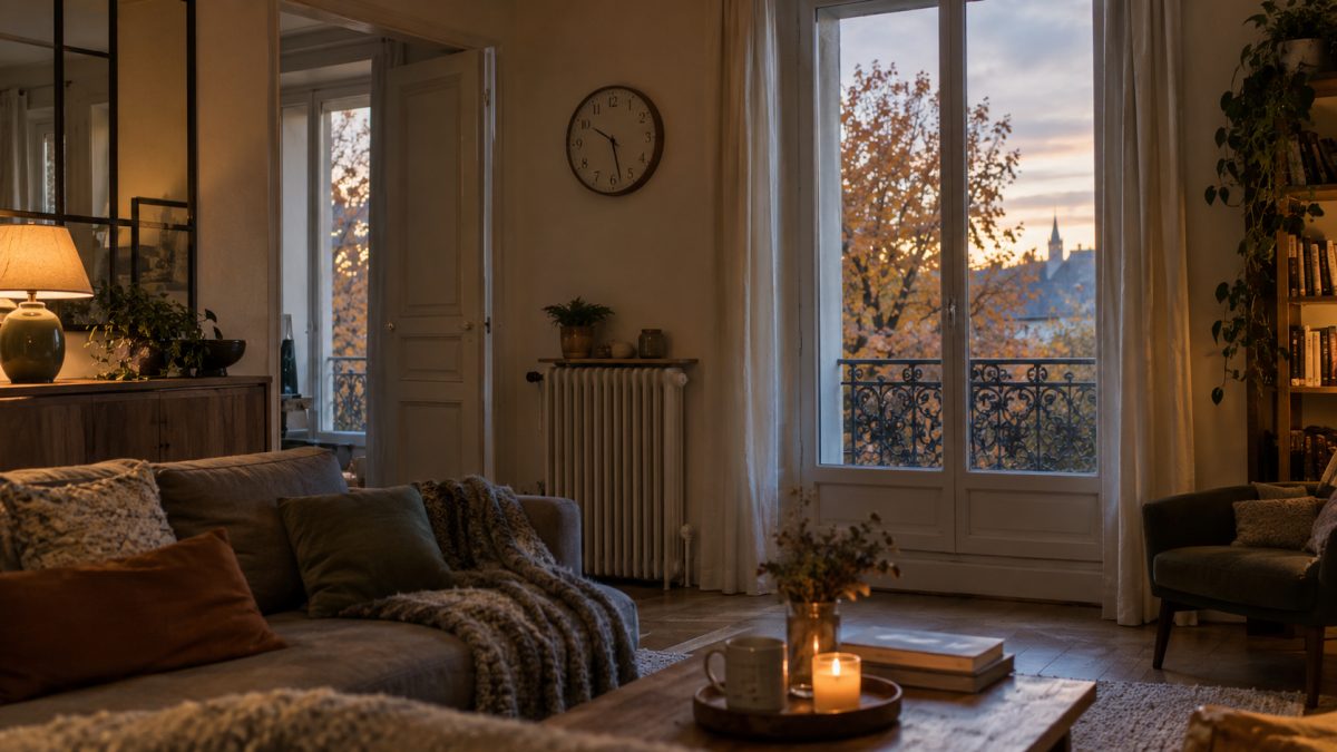 Orologio da parete in un soggiorno francese illuminato dalla luce naturale autunnale