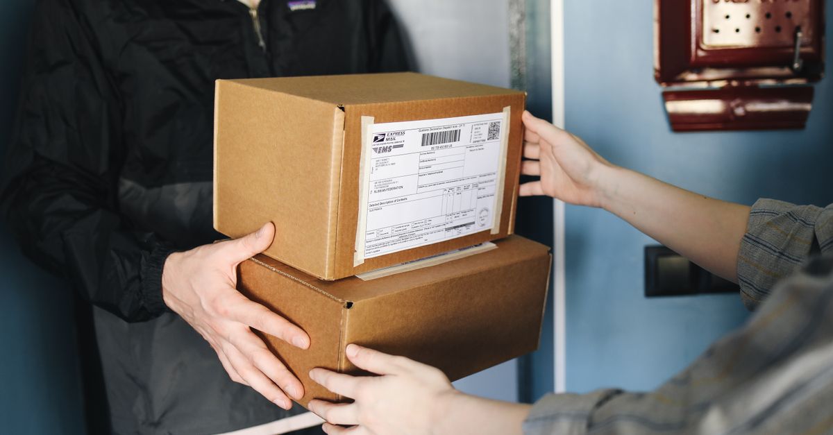 stacked and labelled parcels ready for international shipping